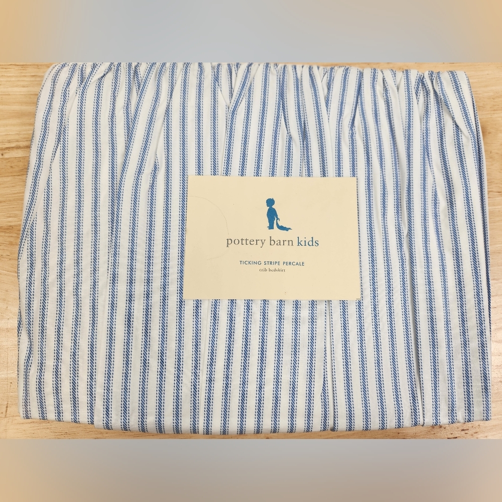 Pottery Barn Kids Ticking Striped Crib Bed Skirt Blue 28"x52" 100% Cotton NOS